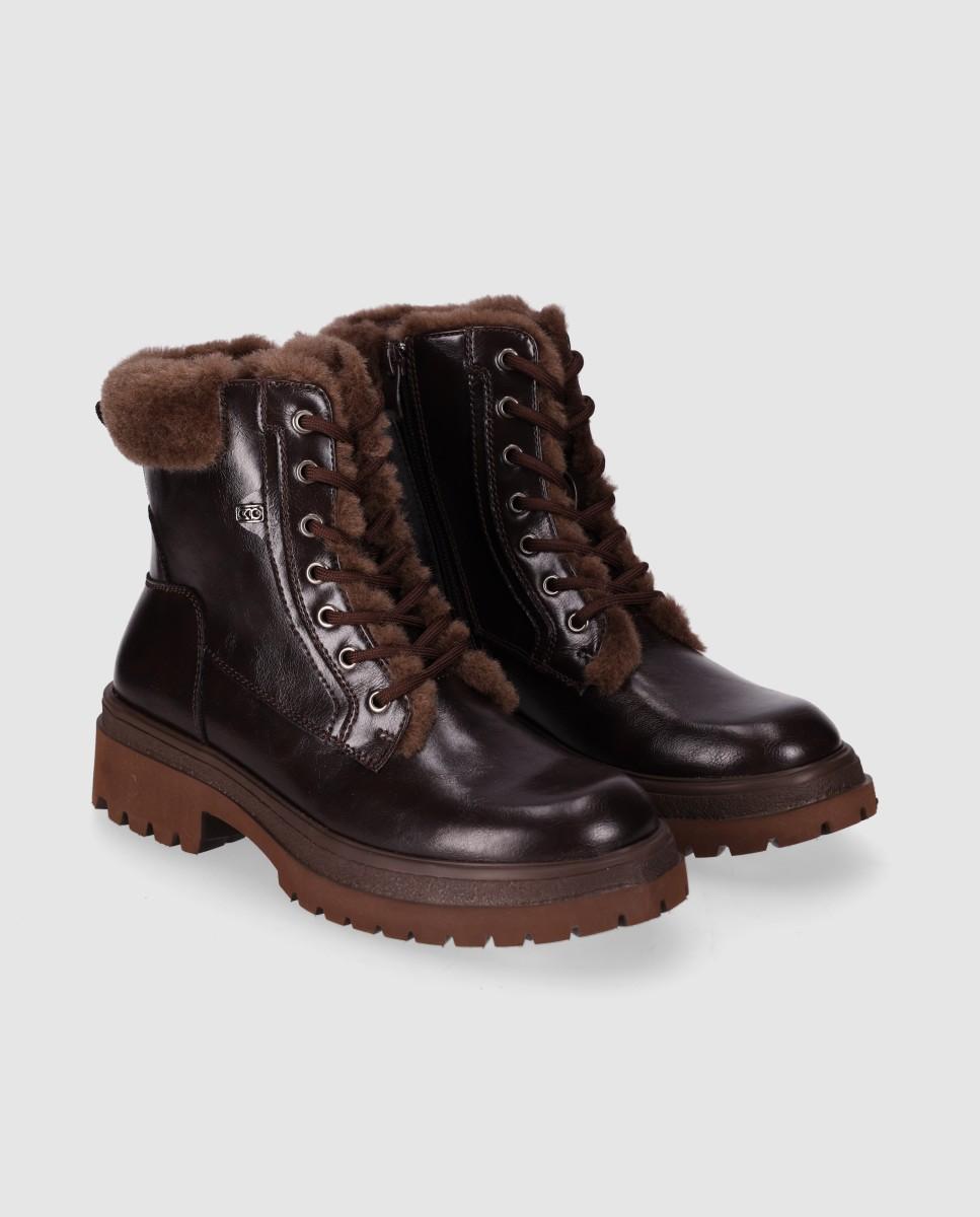 Botins com Pelo Estilo Outdoor de Cano Baixo e Efeito Pelo com Sola Track Castanho-2