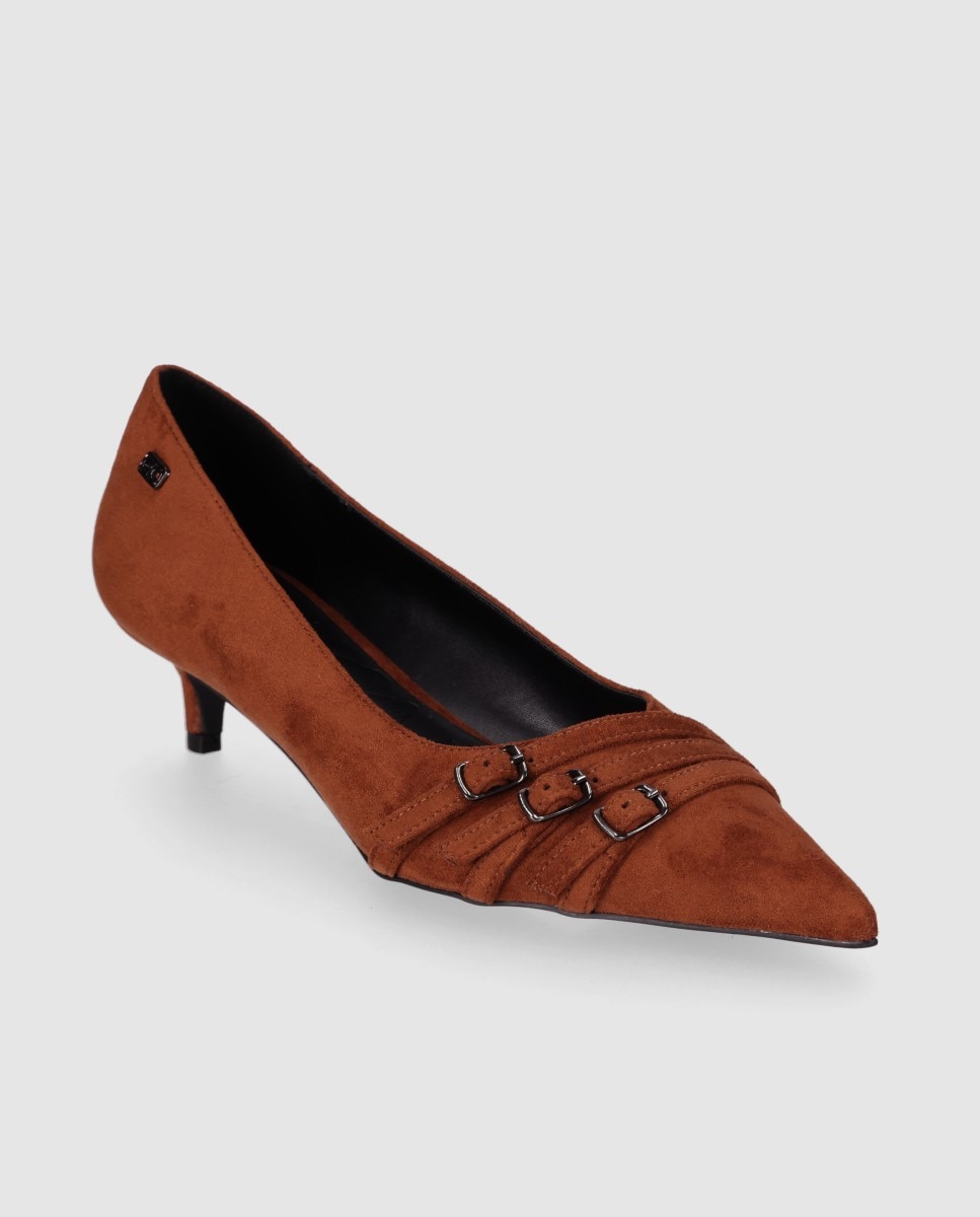 Sapatos de Salto com Tacão Fino de Acabamento Têxtil e Design Clássico Castanho-claro-3