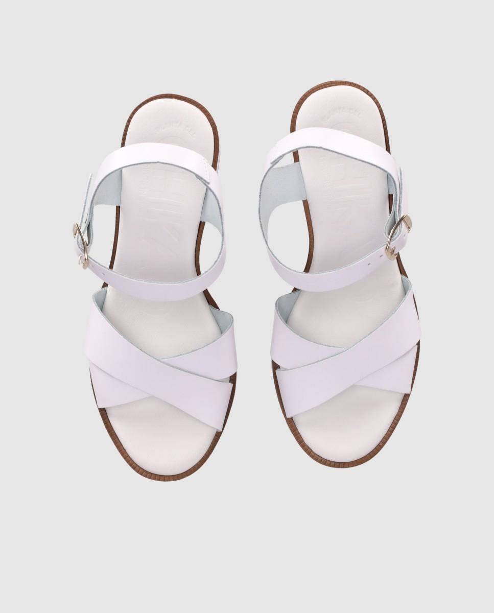 Sandálias de Salto em Pele com Design de Tiras Cruzadas e Fecho de Fivela Branco-4