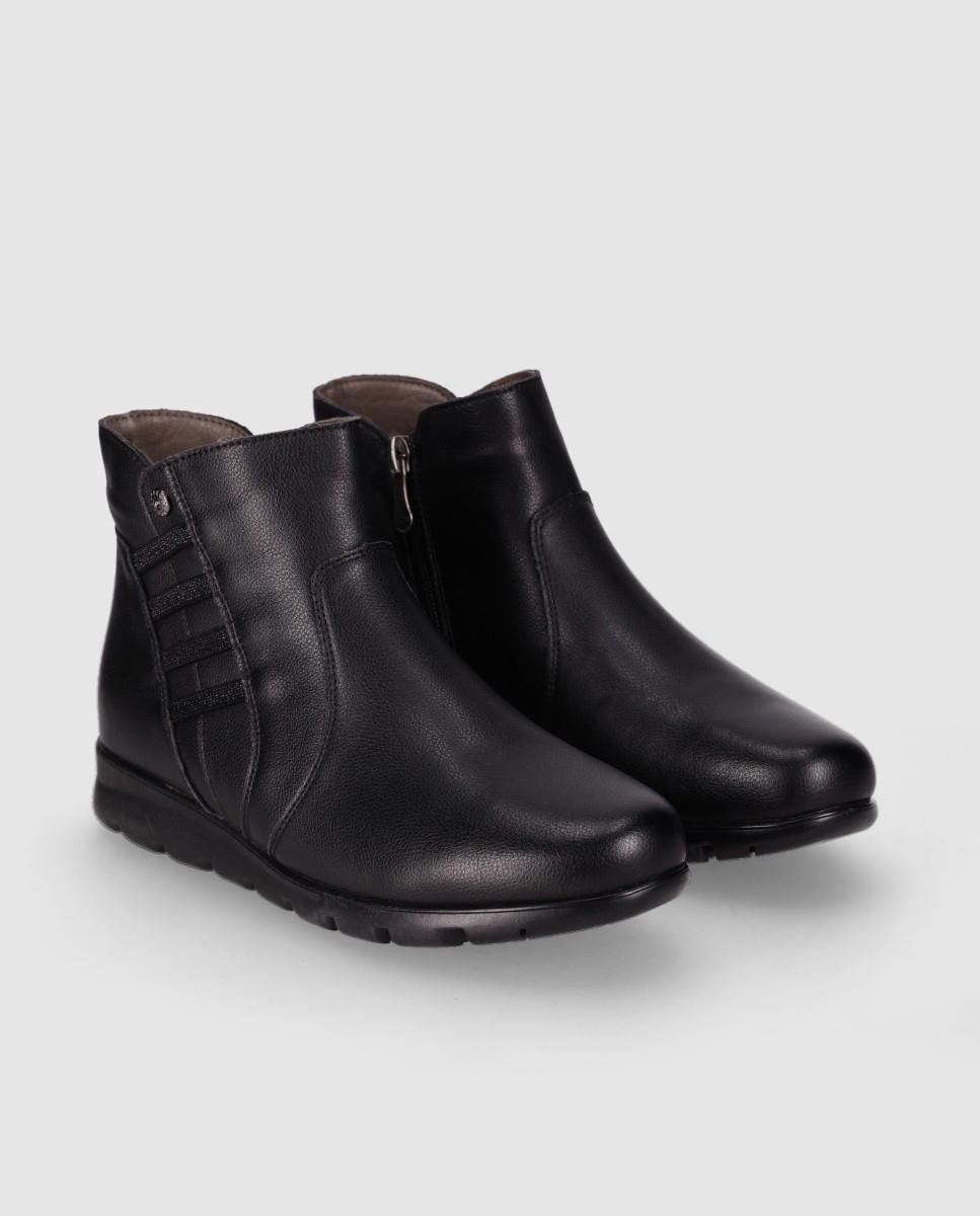 Botins Básicos Casual de Pele com Elástico, Fecho Zip e Sola Flexível Preto-2