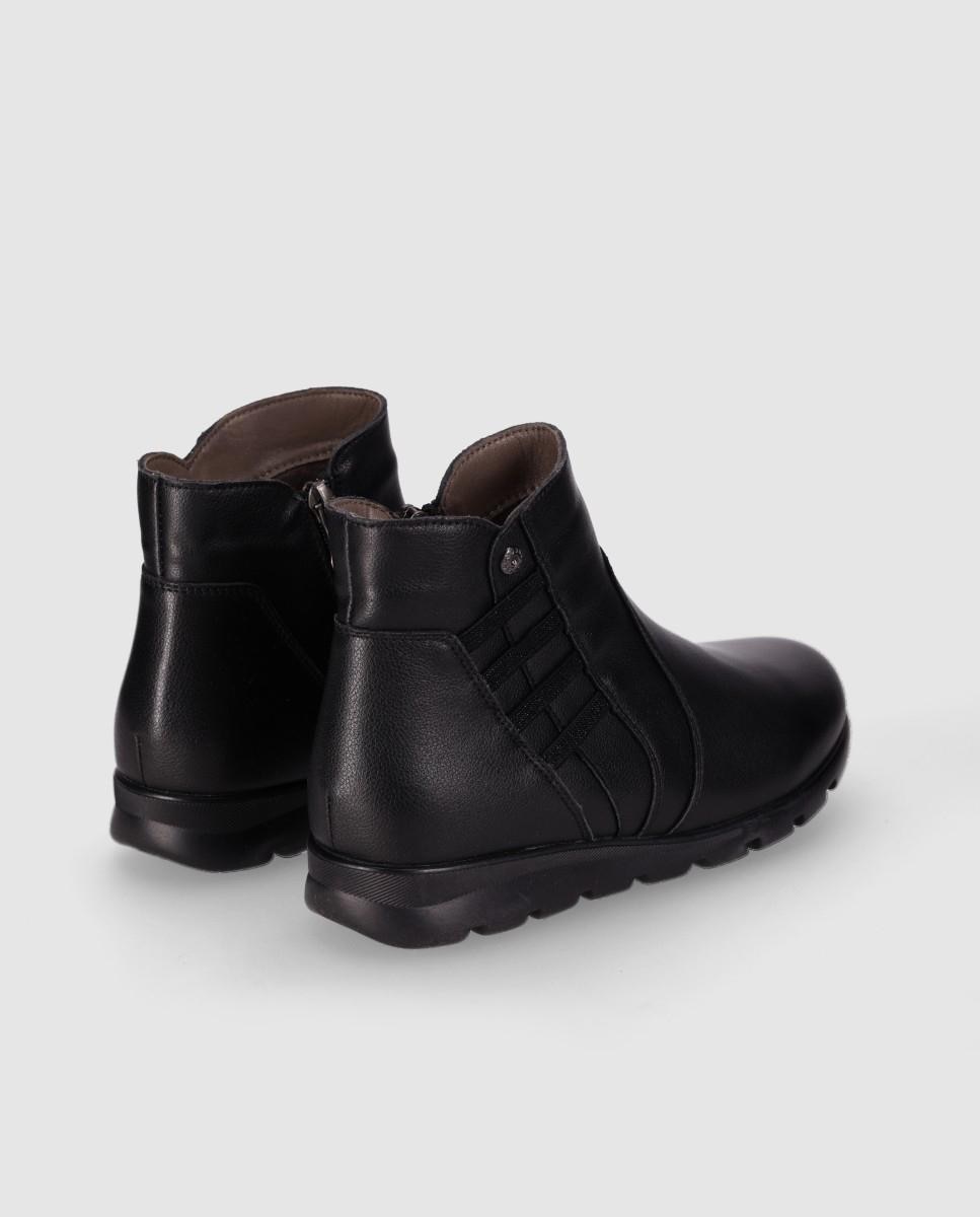 Botins Básicos Casual de Pele com Elástico, Fecho Zip e Sola Flexível Preto-3