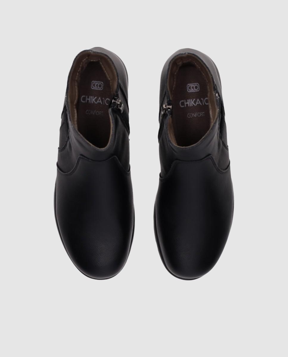 Botins Básicos Casual de Pele com Elástico, Fecho Zip e Sola Flexível Preto-4