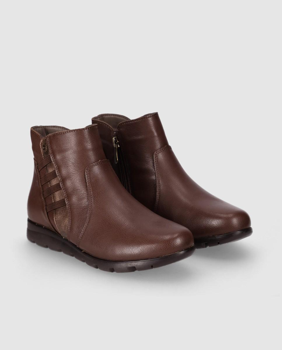 Botins Básicos Casual de Pele com Elástico, Fecho Zip e Sola Flexível Castanho-2