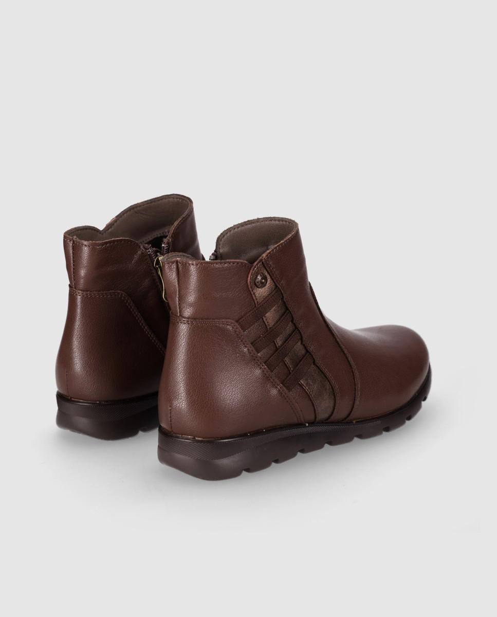 Botins Básicos Casual de Pele com Elástico, Fecho Zip e Sola Flexível Castanho-3