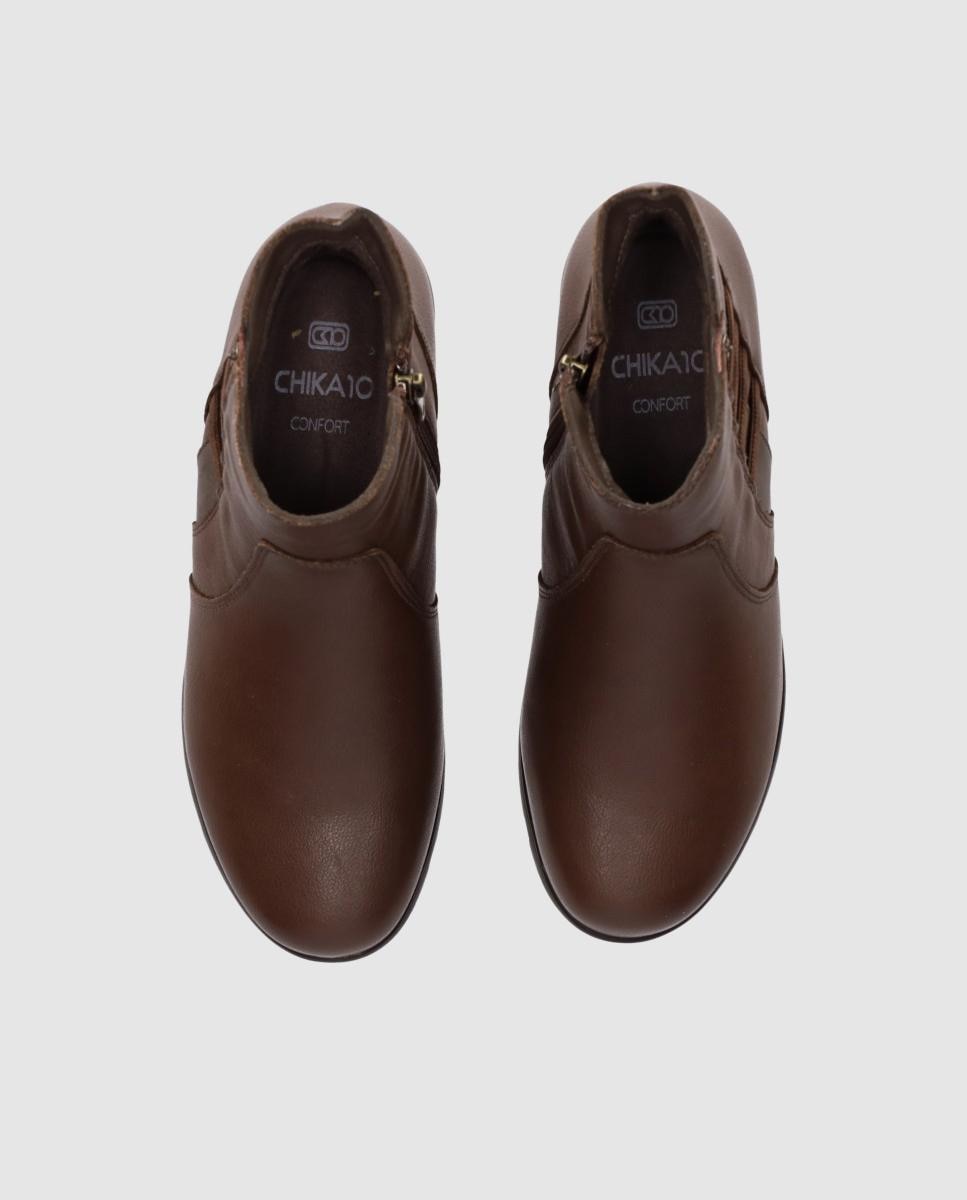 Botins Básicos Casual de Pele com Elástico, Fecho Zip e Sola Flexível Castanho-4