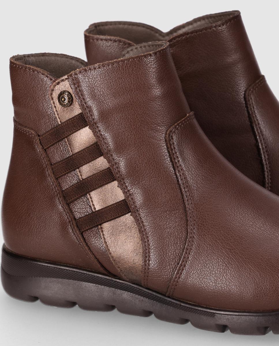 Botins Básicos Casual de Pele com Elástico, Fecho Zip e Sola Flexível Castanho-5
