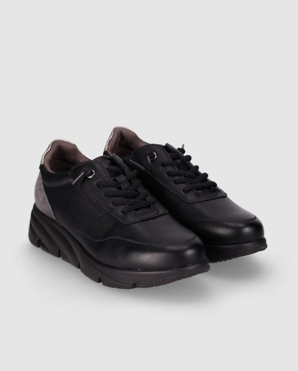 Sapatos de Cordões Estilo Casual de Pele com Sola Leve Preto-2