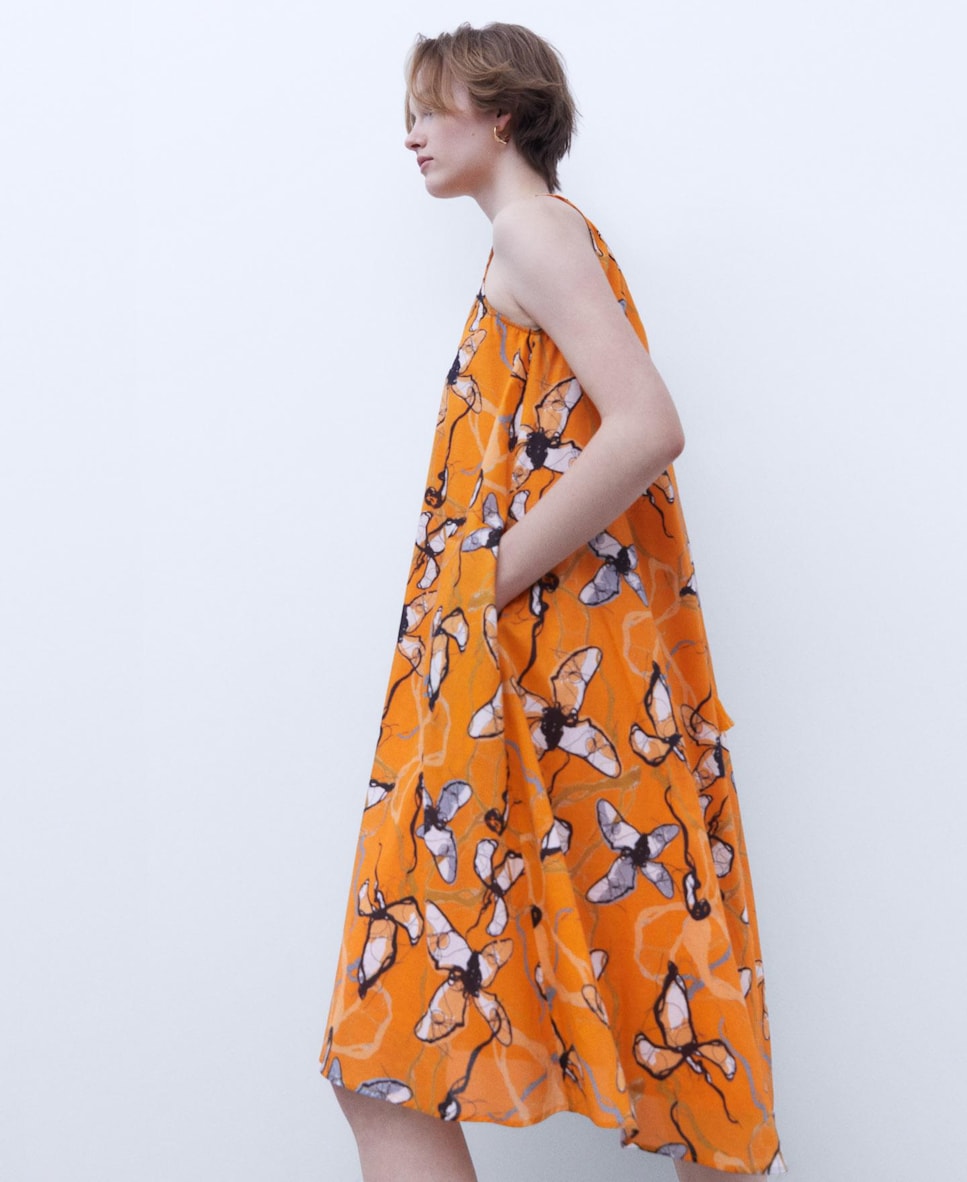 Vestido com estampado abstrato de alças Laranja-1