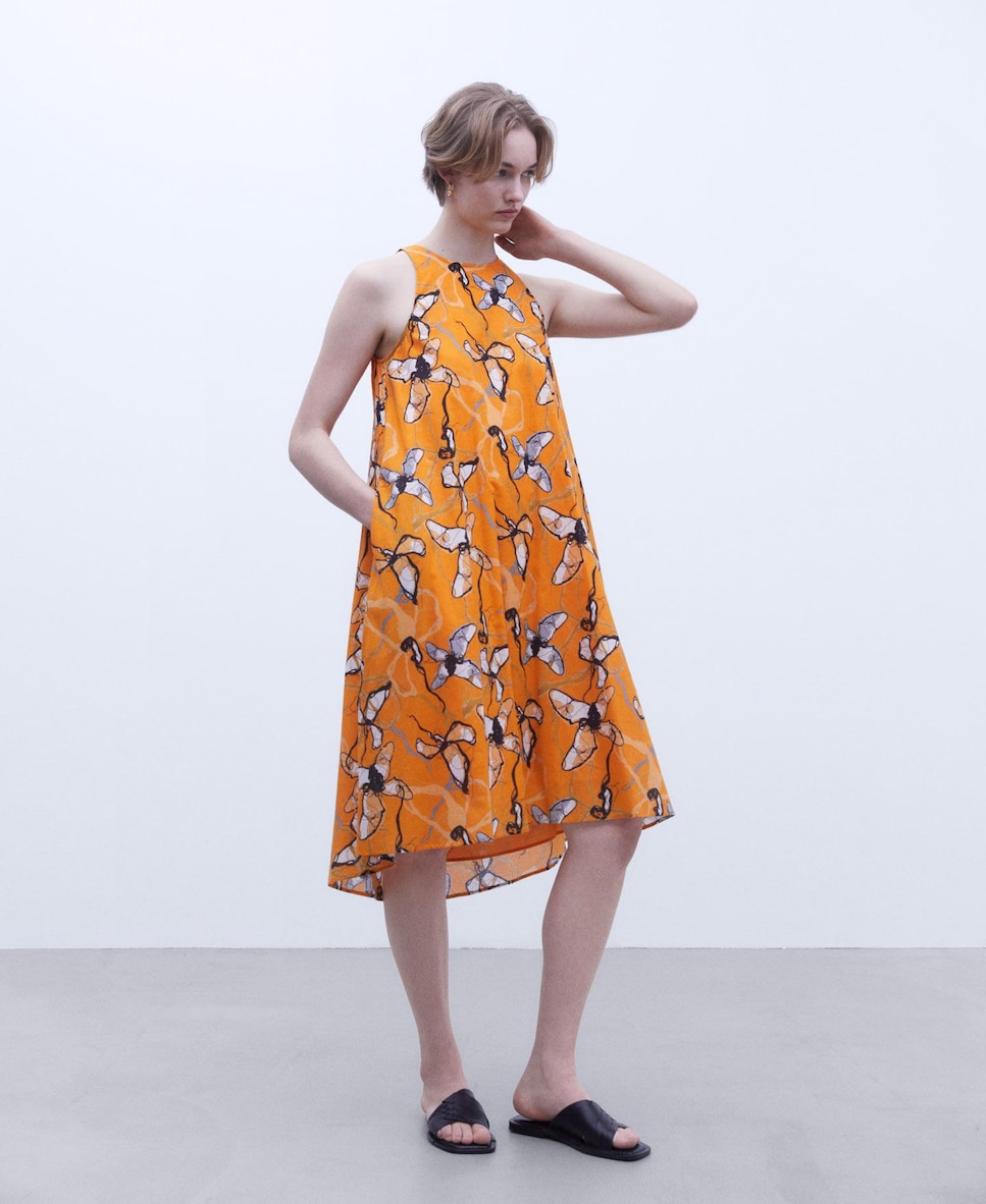 Vestido com estampado abstrato de alças Laranja-2