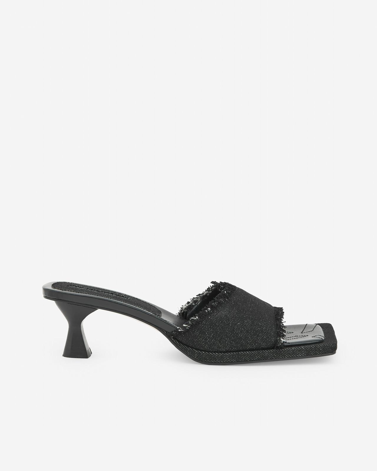 Sandálias de Salto Denim com Franjas - Preto Preto-1