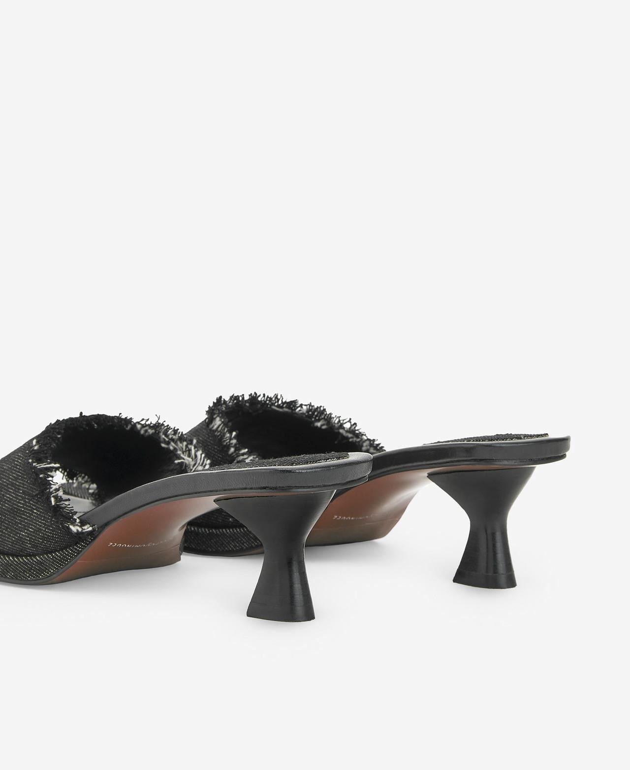 Sandálias de Salto Denim com Franjas - Preto Preto-3