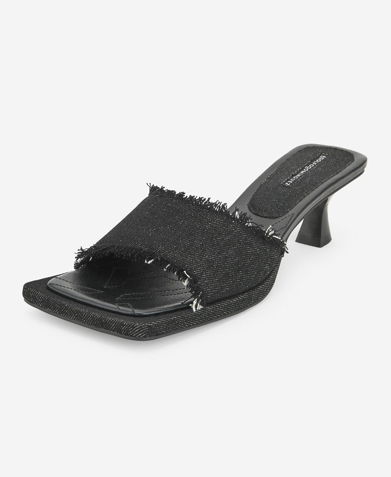 Sandálias de Salto Denim com Franjas - Preto Preto-4
