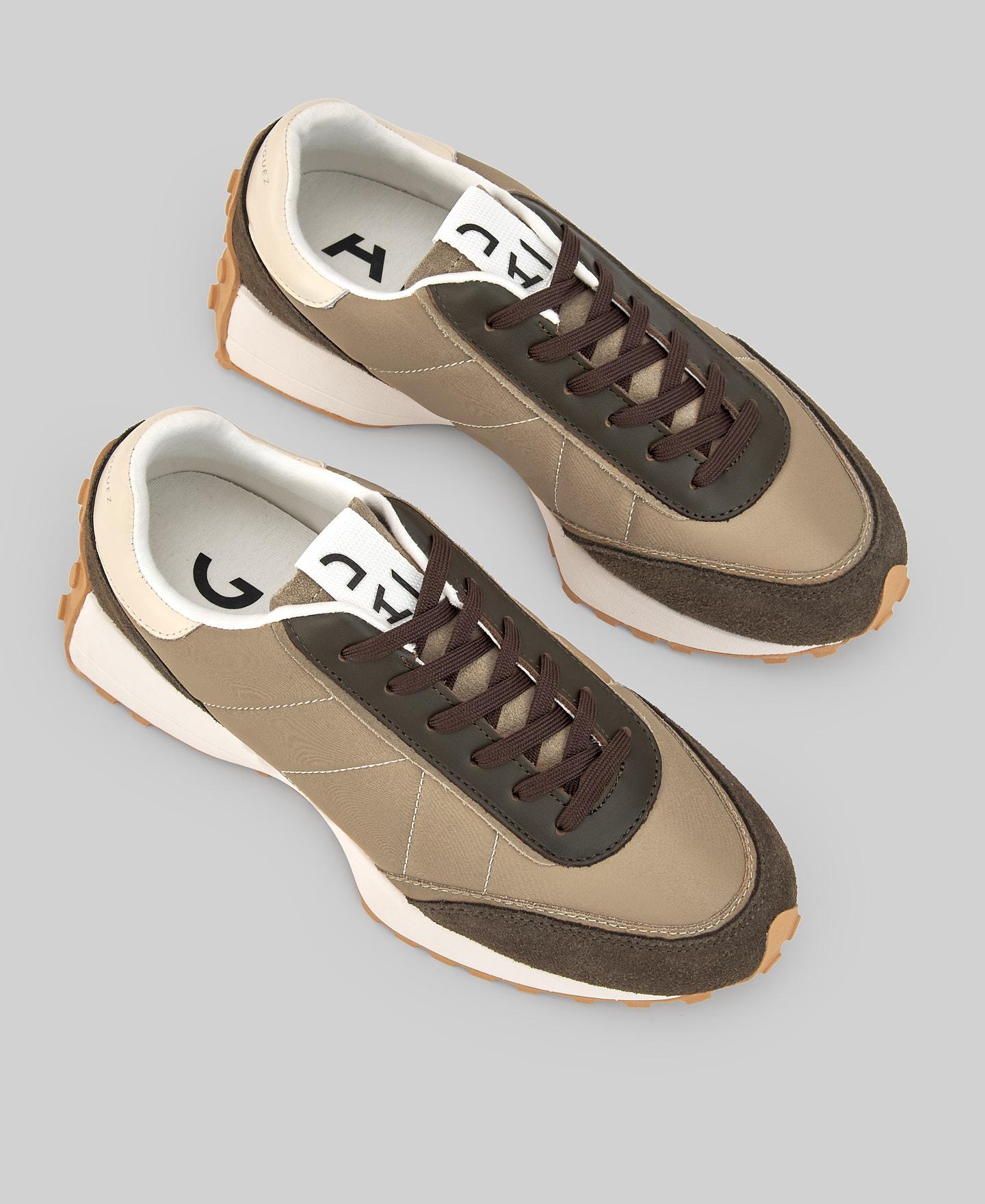 Sapatilhas Desportivas de Nylon e Camurça com Pespontos Castanho / Branco gasto-2