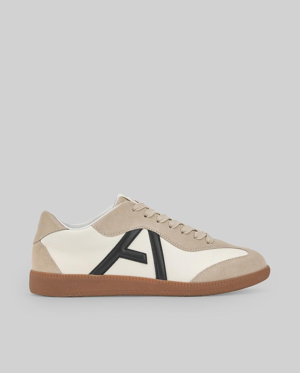 Sapatilhas de Pele com Atacadores Maxi Logo de Pele Bege / Branco-1