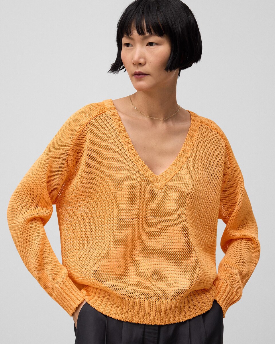 Camisola com Decote em V em Malha Aberta Laranja-1