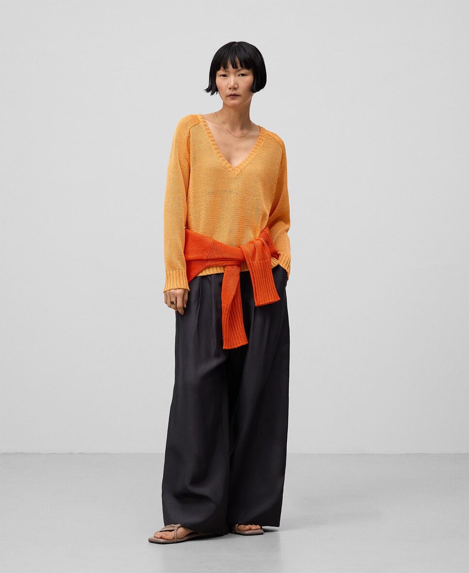 Camisola com Decote em V em Malha Aberta Laranja-2