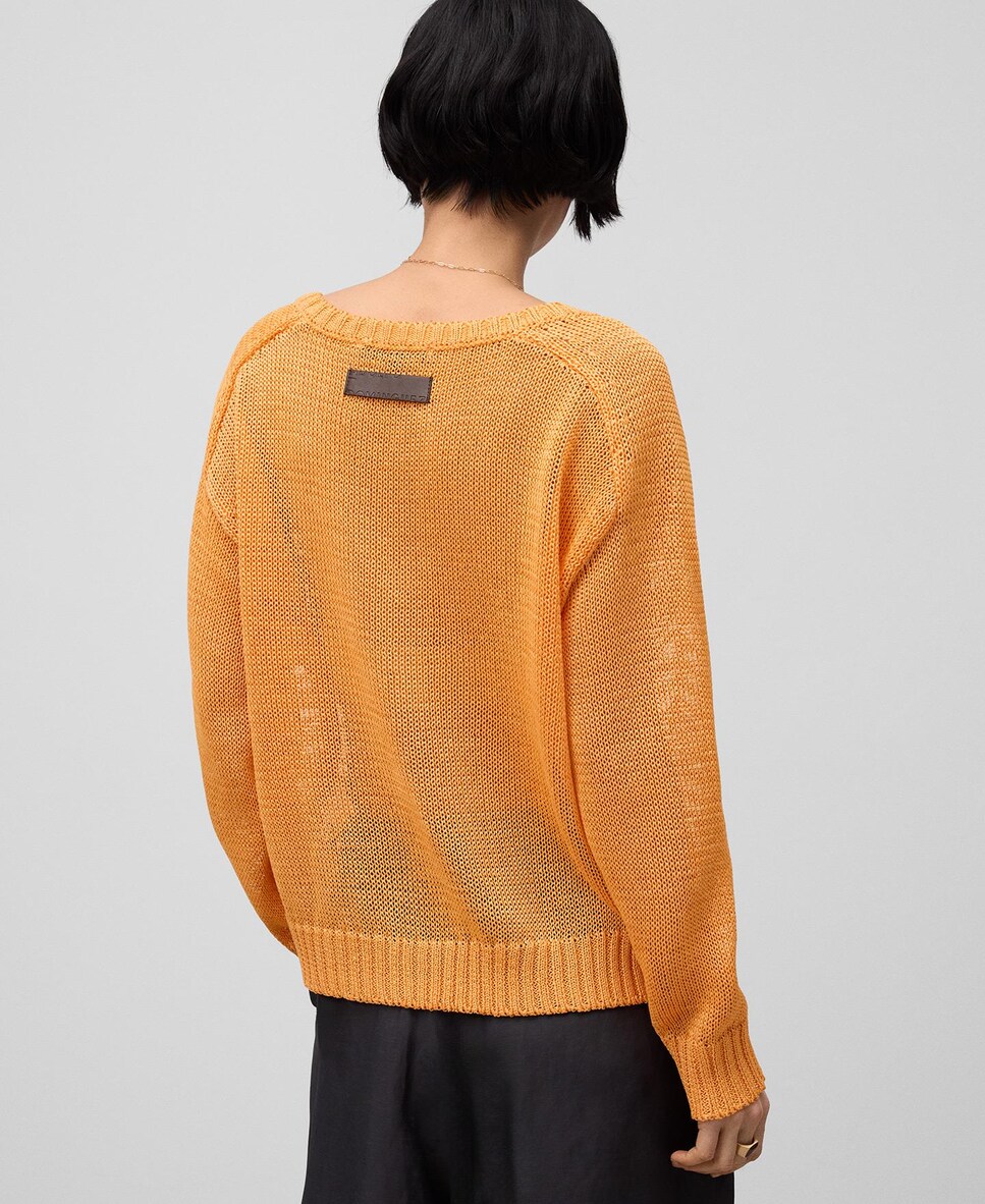 Camisola com Decote em V em Malha Aberta Laranja-3
