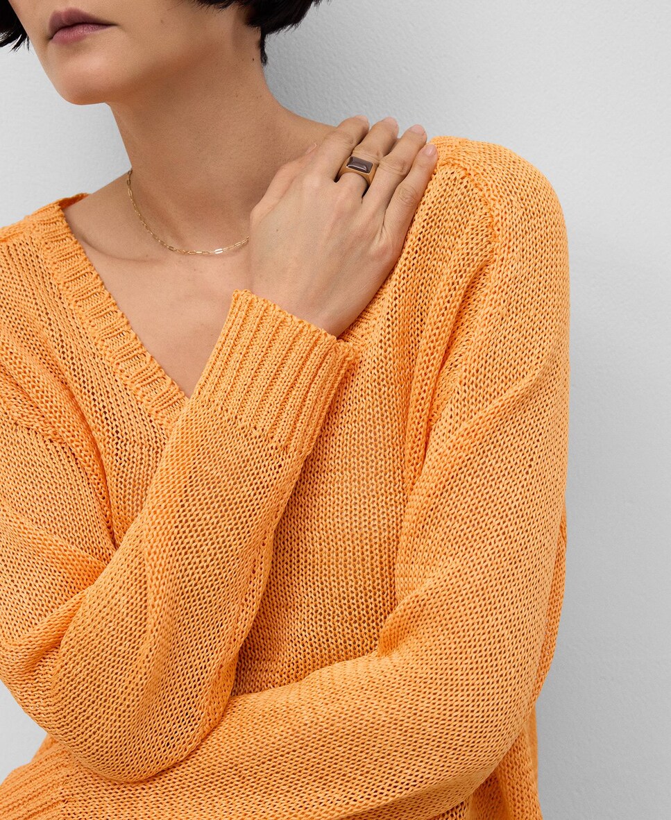 Camisola com Decote em V em Malha Aberta Laranja-4