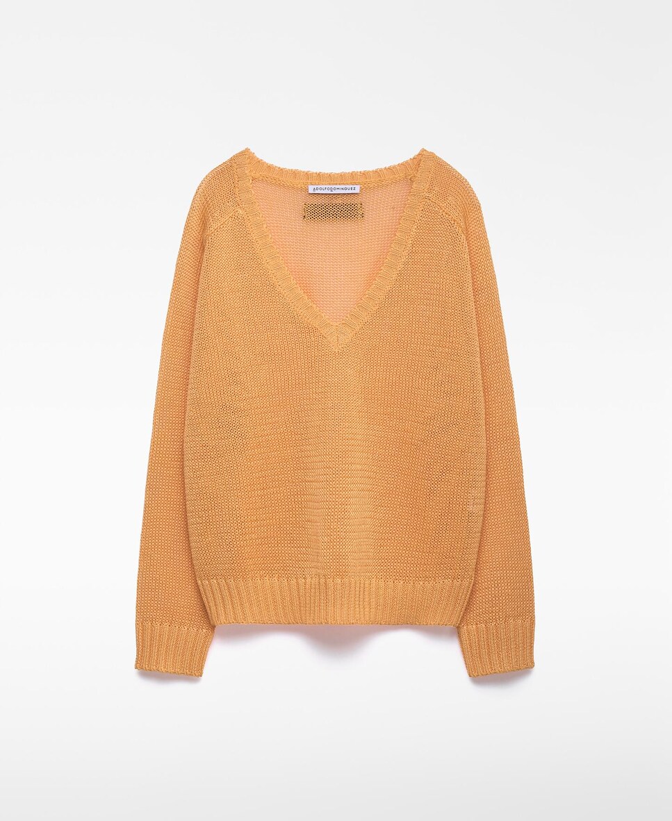 Camisola com Decote em V em Malha Aberta Laranja-5