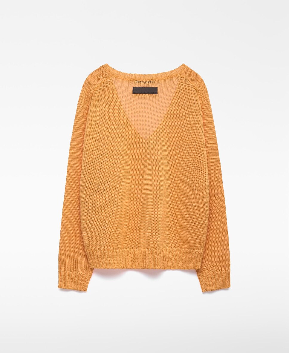 Camisola com Decote em V em Malha Aberta Laranja-6