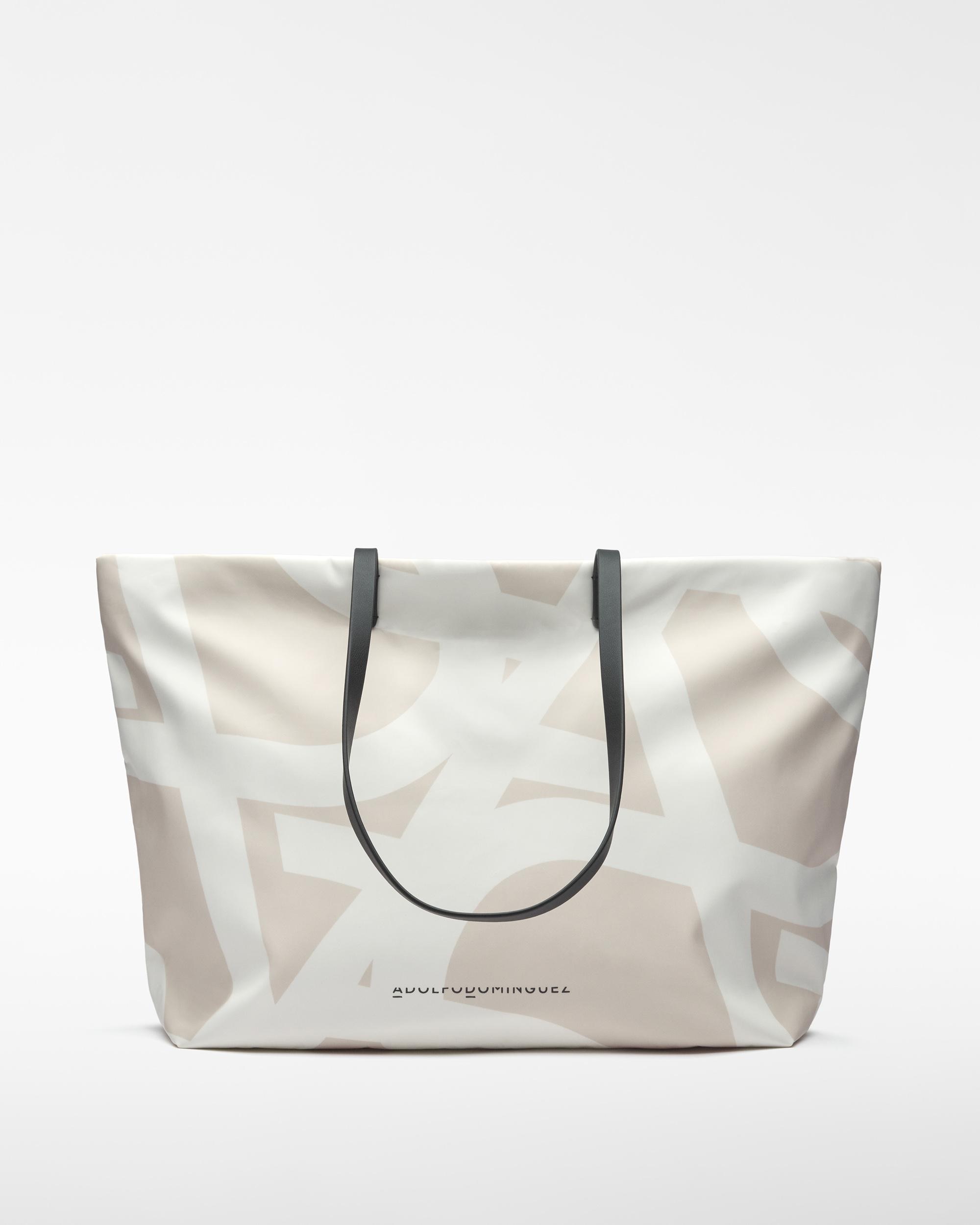 Mala de Ombro Tipo Shopper Logotipo com Tecido Liso Bege / Branco-1