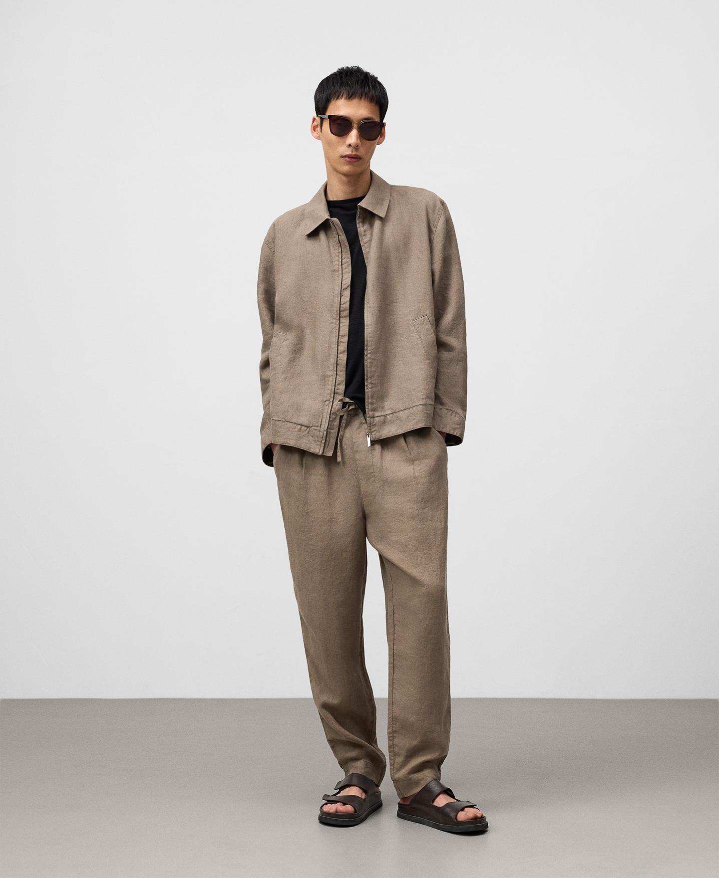 Calças Jogger em Linho com Cintura Elástica Taupe-2