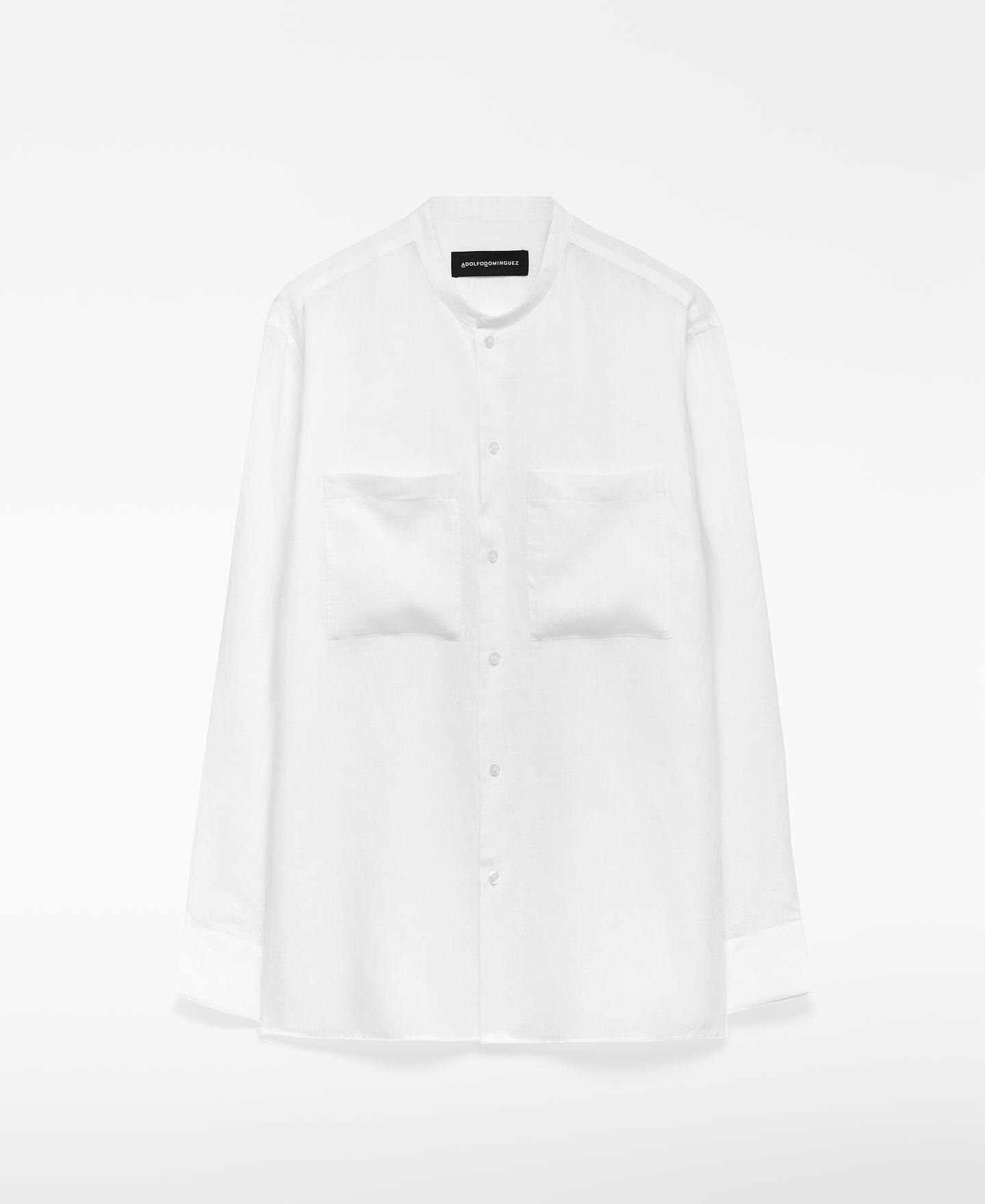 Camisa de Gola À Padre em Linho Europeu com Bolsos no Peito Branco-5