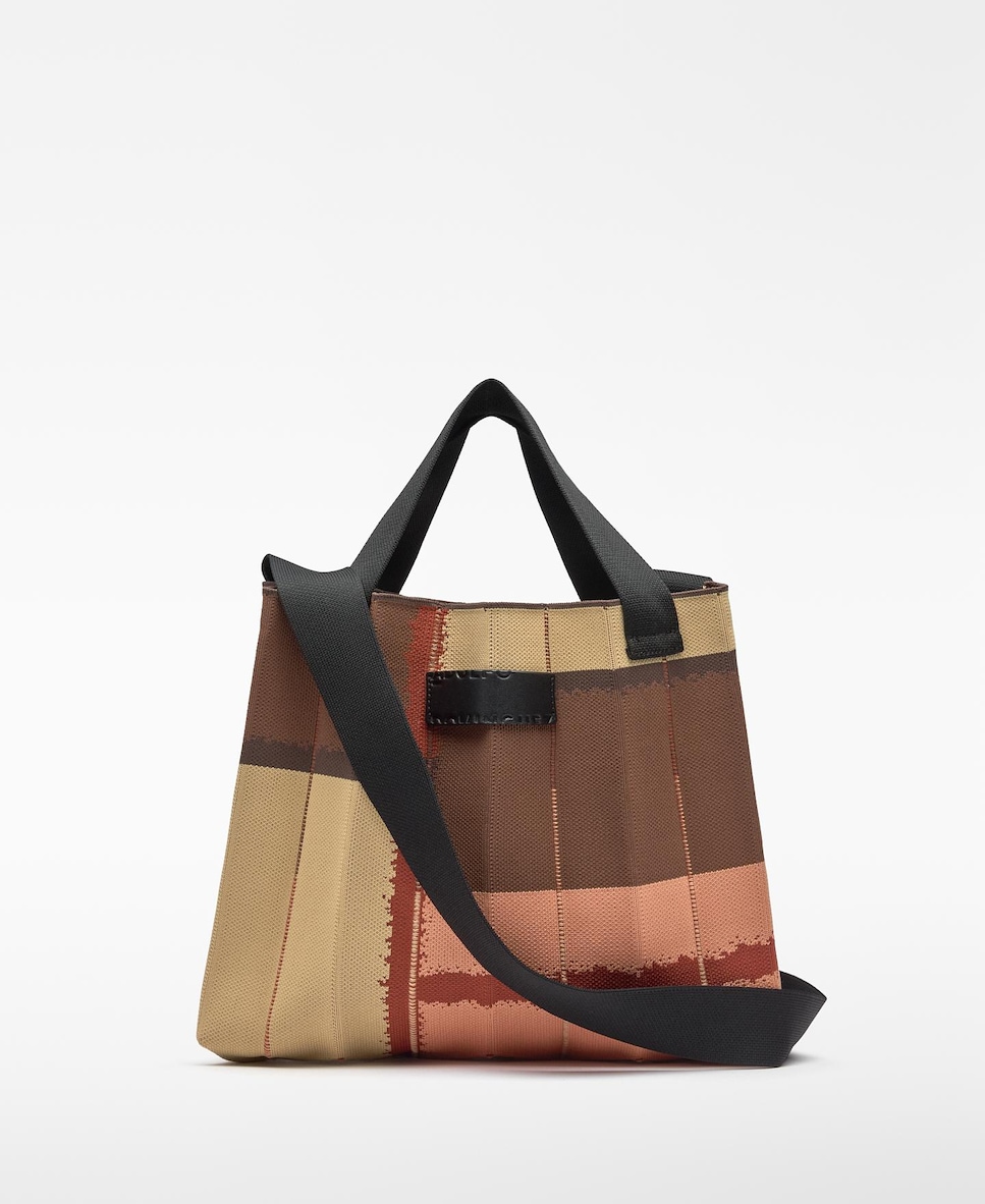 Mala de Ombro Shopper Plissada em Malha Estampada Castanho / Laranja-1