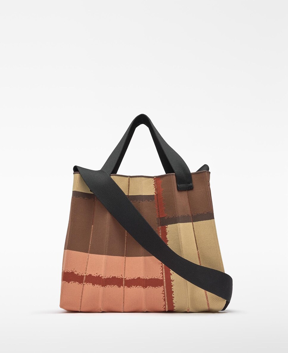 Mala de Ombro Shopper Plissada em Malha Estampada Castanho / Laranja-2