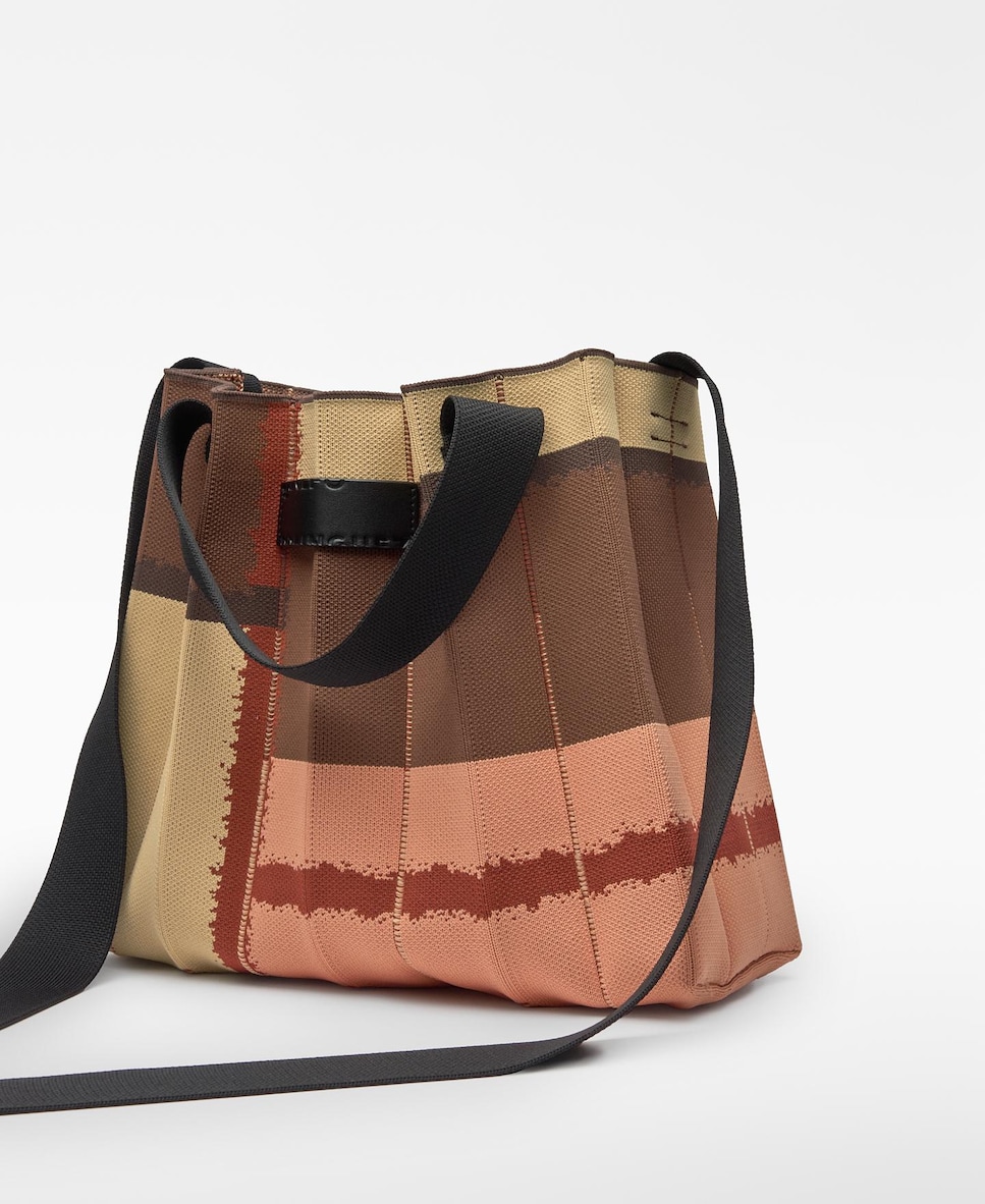 Mala de Ombro Shopper Plissada em Malha Estampada Castanho / Laranja-3