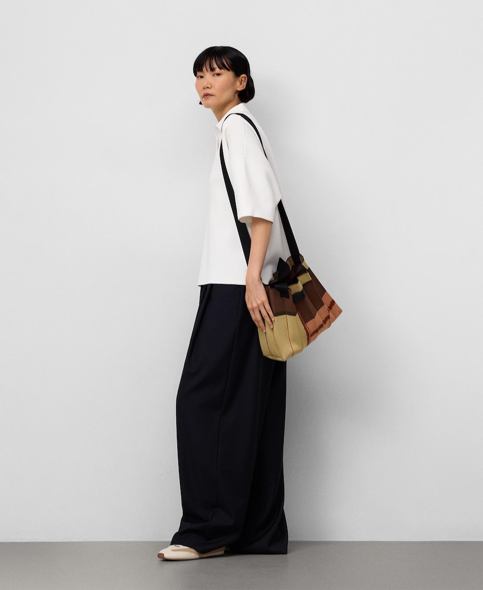 Mala de Ombro Shopper Plissada em Malha Estampada Castanho / Laranja-5