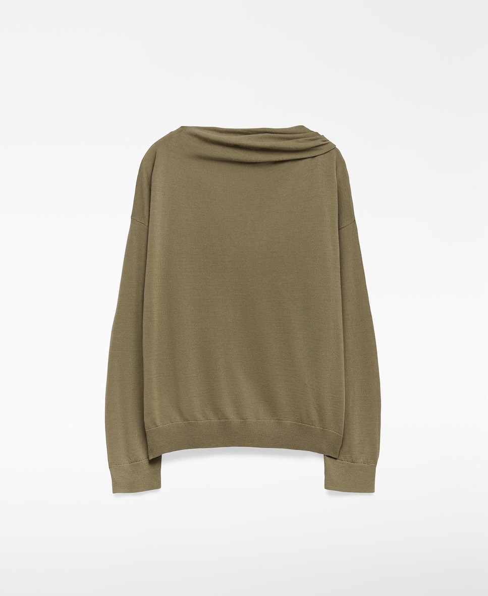 Camisola com Gola Cachecol em Lã Merino Verde-5