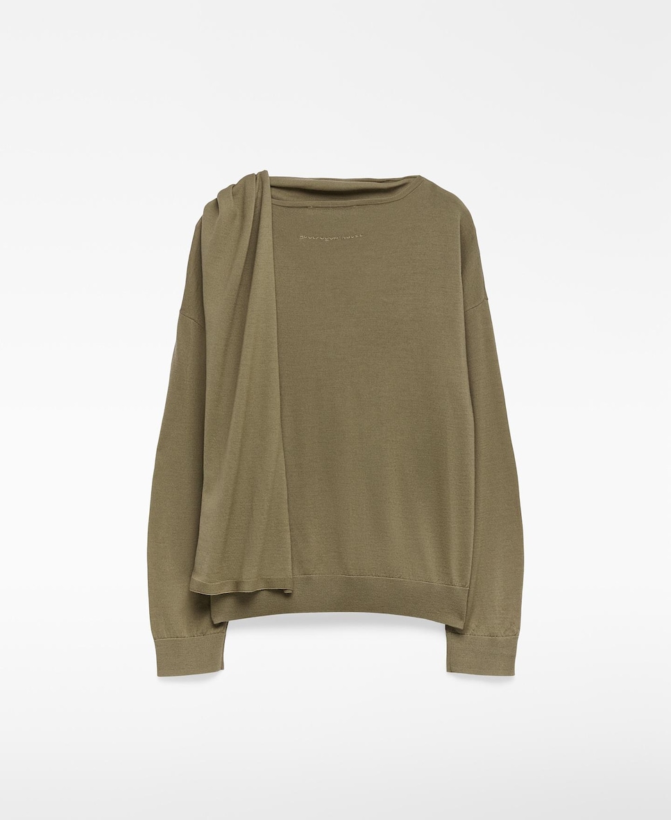 Camisola com Gola Cachecol em Lã Merino Verde-6