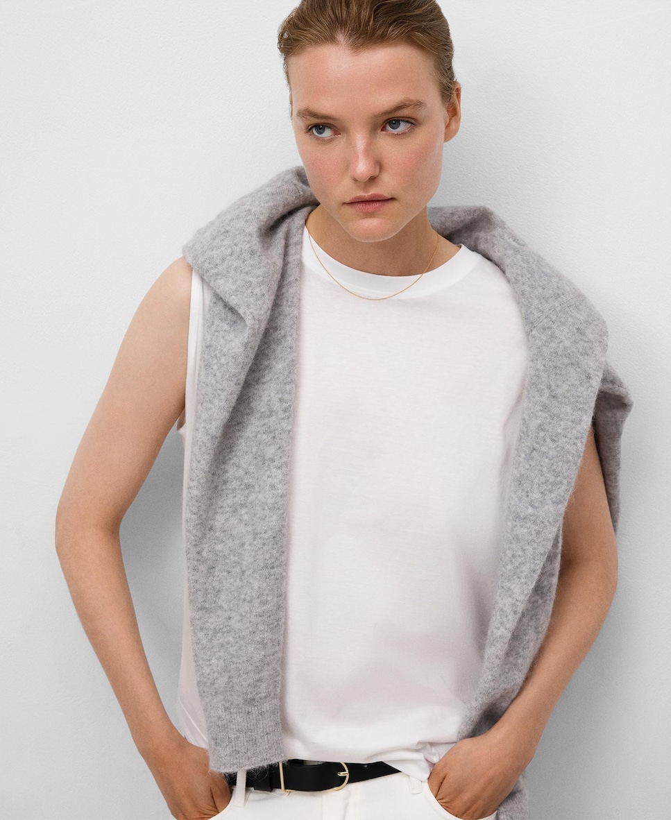 T-shirt com Corte a Direito de Algodão Branco-1