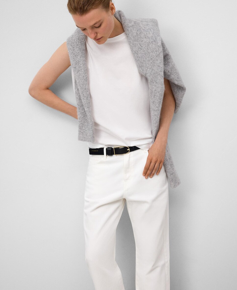 T-shirt com Corte a Direito de Algodão Branco-6