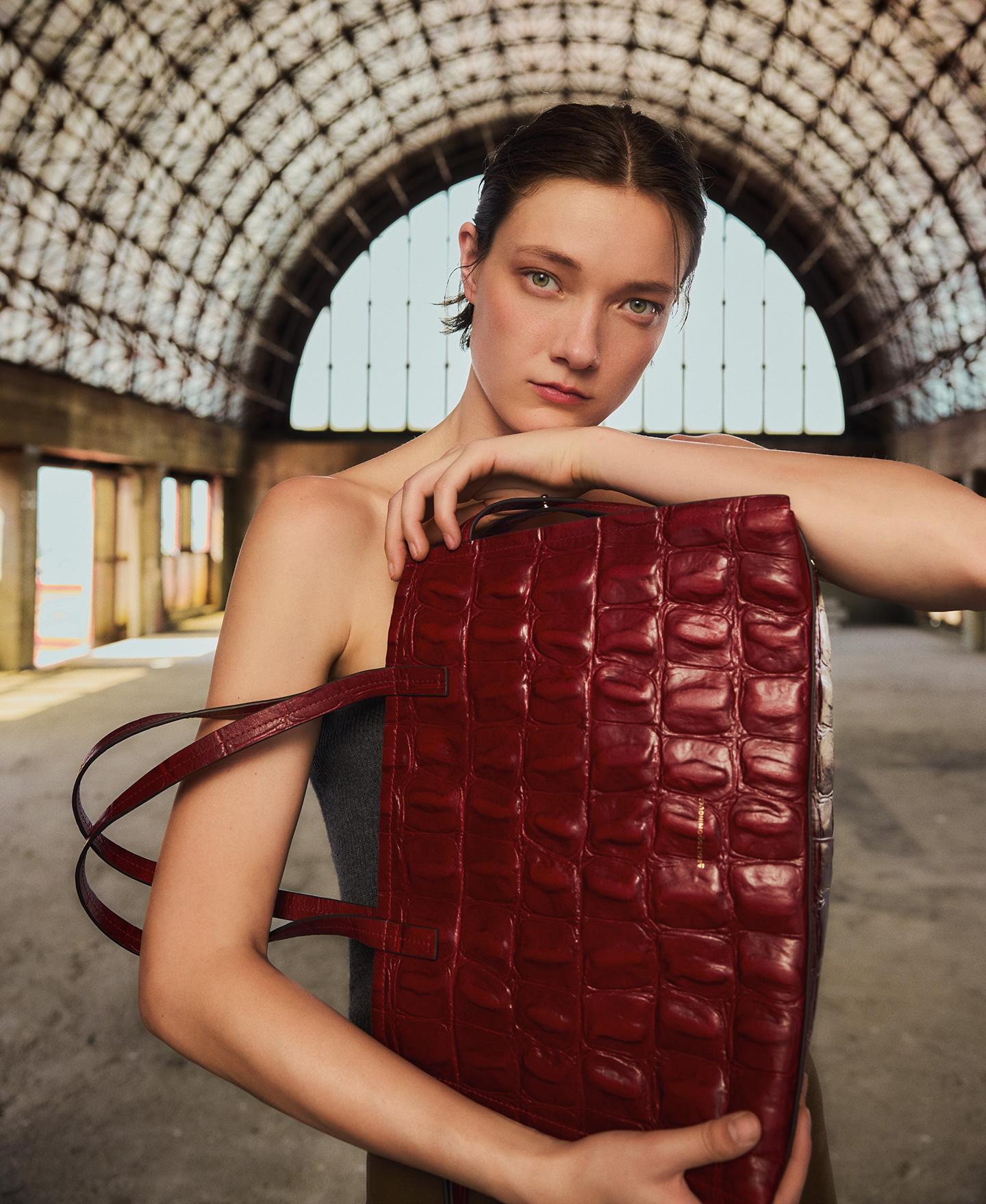 Mala de Ombro Tipo Citybag de Pele Mica Vermelho-5