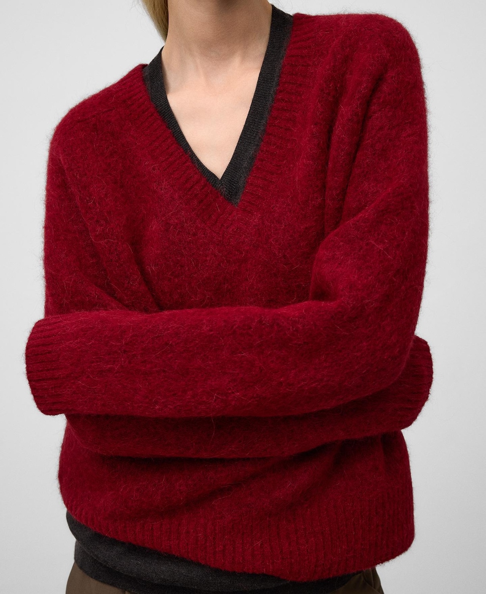 Camisola de Malha com Gola em V Vermelho-4
