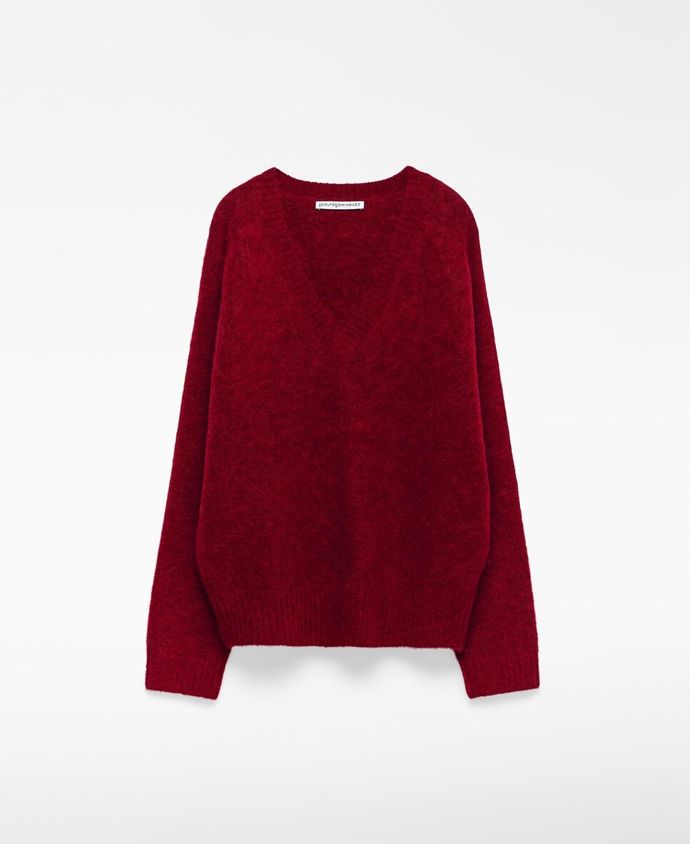 Camisola de Malha com Gola em V Vermelho-5