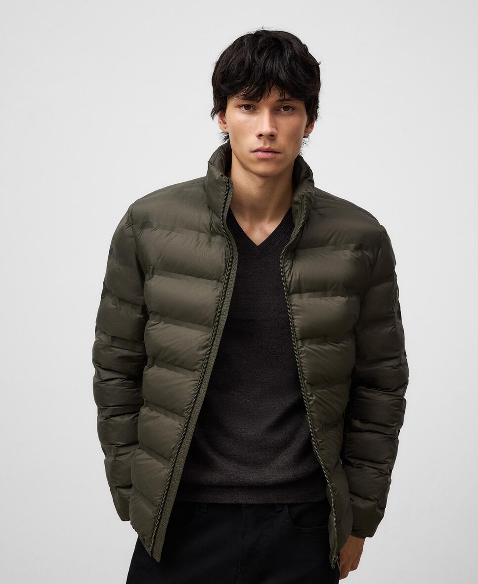 Plumífero de Gola Alta e Bolsos Laterais Verde-escuro-1