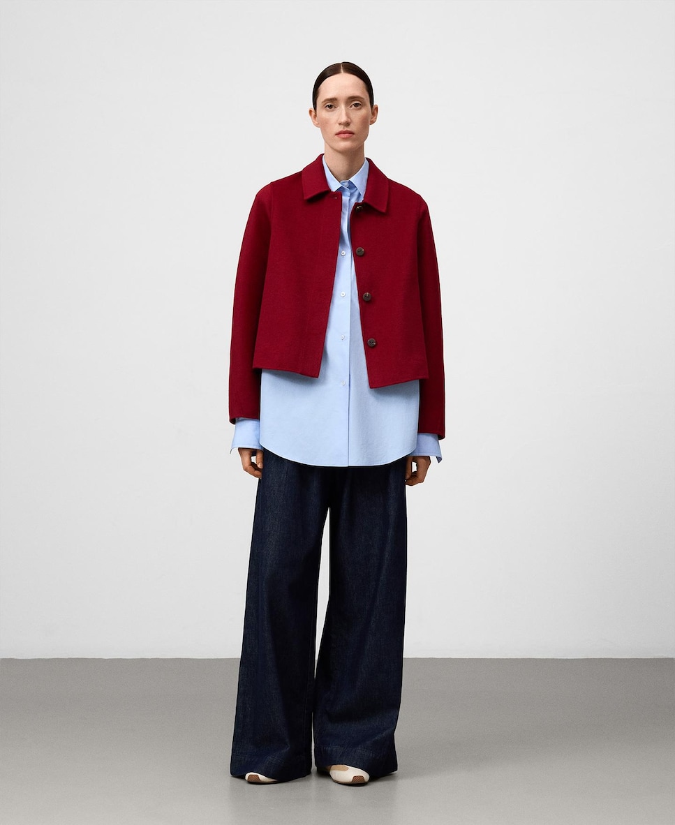 Sobretudo de Pano Estilo Casaco Curto com Gola Lapela Vermelho-2