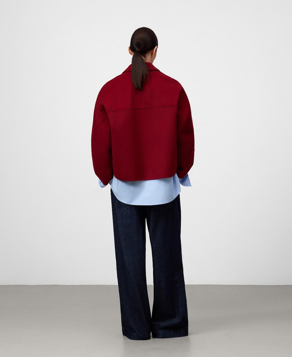 Sobretudo de Pano Estilo Casaco Curto com Gola Lapela Vermelho-3