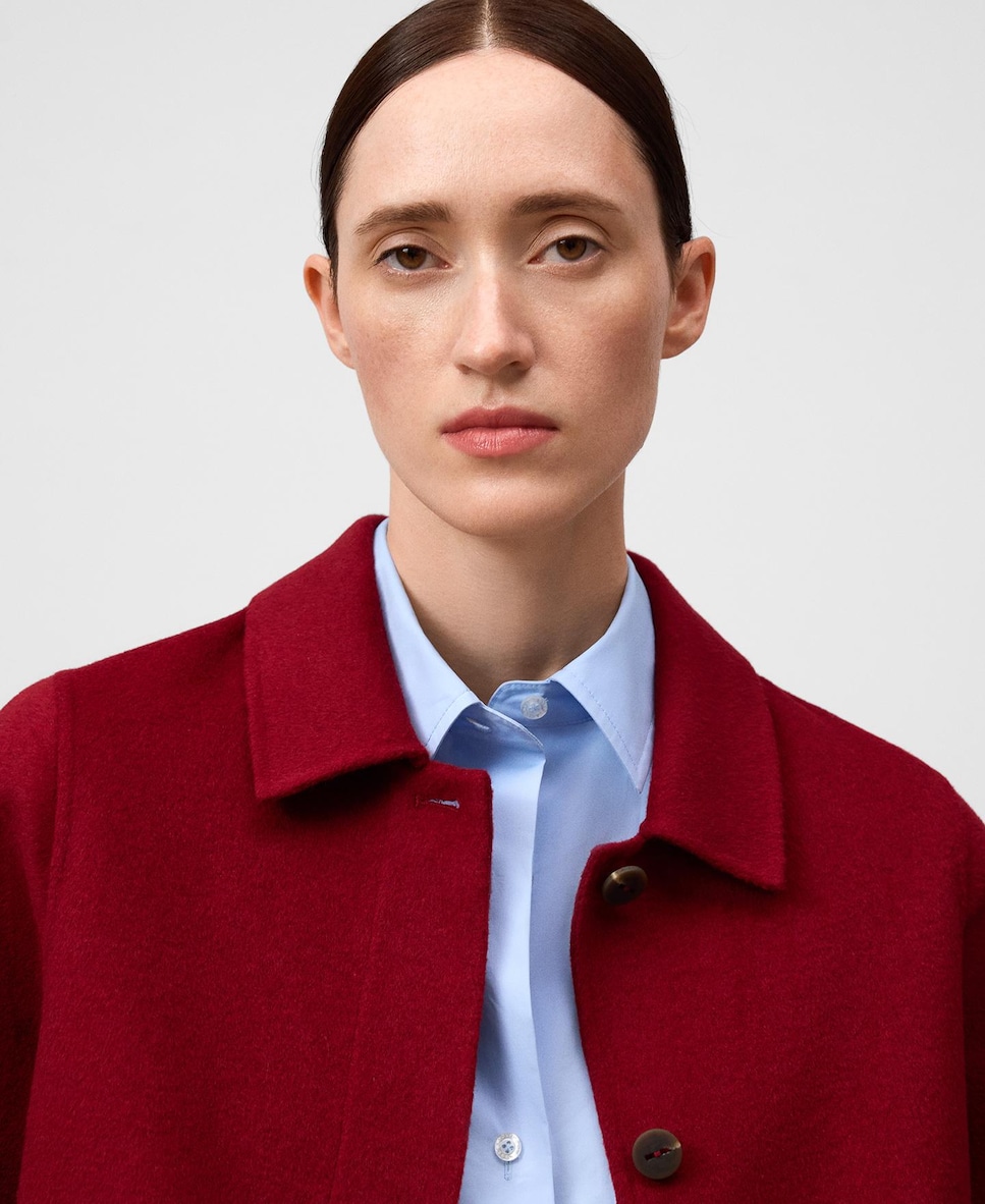 Sobretudo de Pano Estilo Casaco Curto com Gola Lapela Vermelho-4