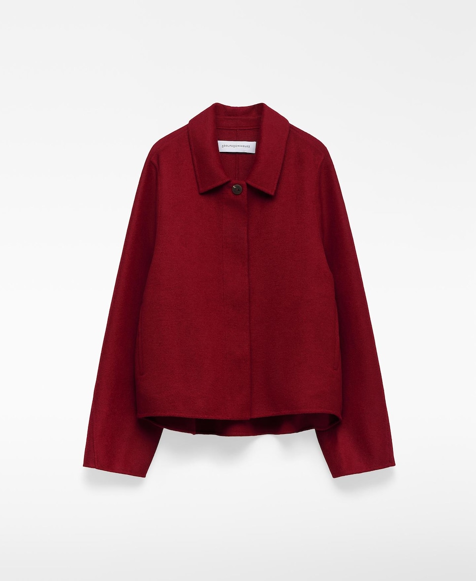 Sobretudo de Pano Estilo Casaco Curto com Gola Lapela Vermelho-5