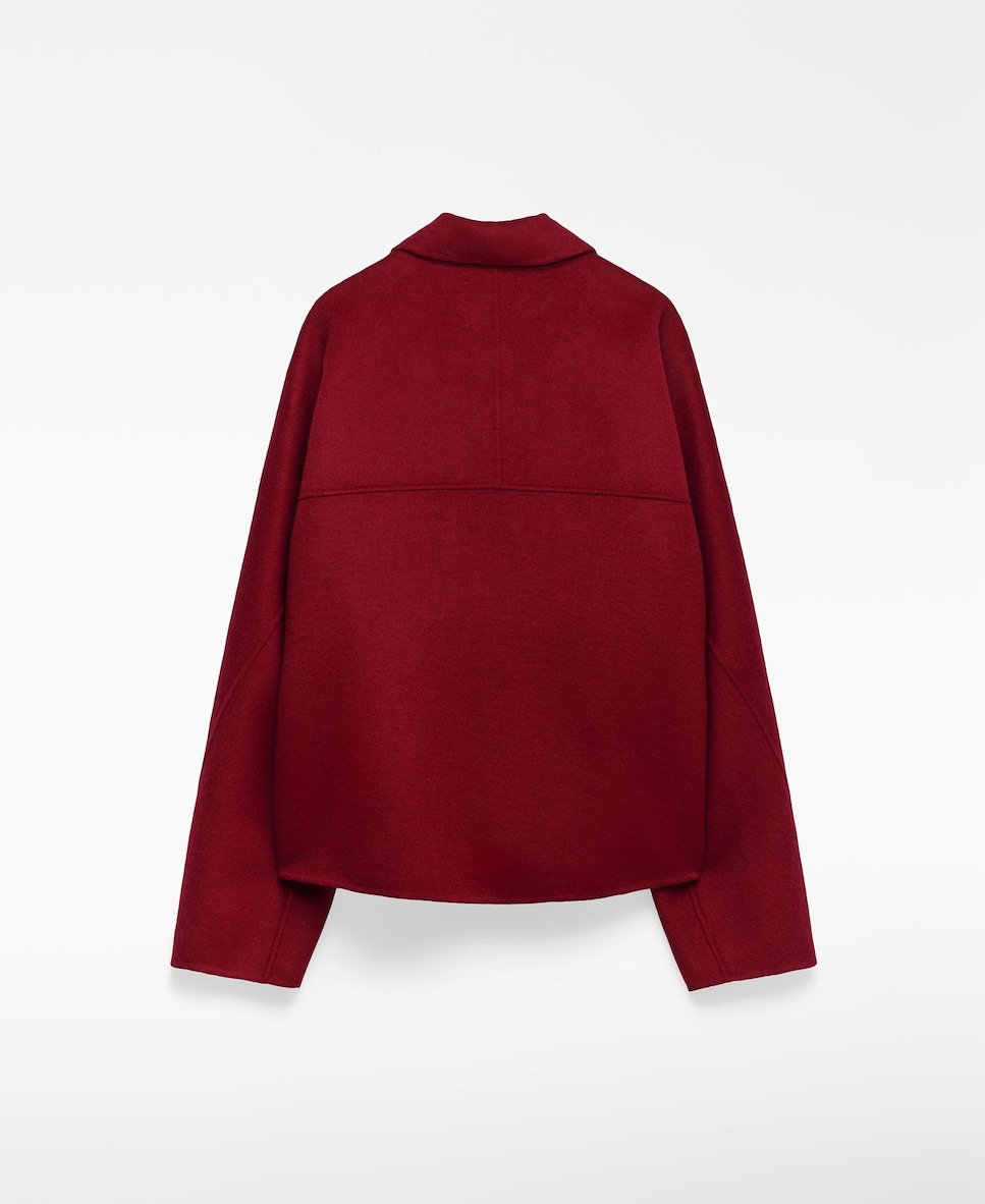 Sobretudo de Pano Estilo Casaco Curto com Gola Lapela Vermelho-6