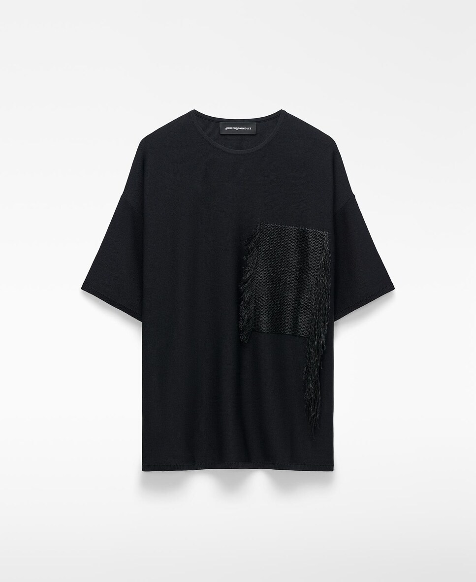 Camisola de Manga Curta com Aplique de Ráfia Preto-5