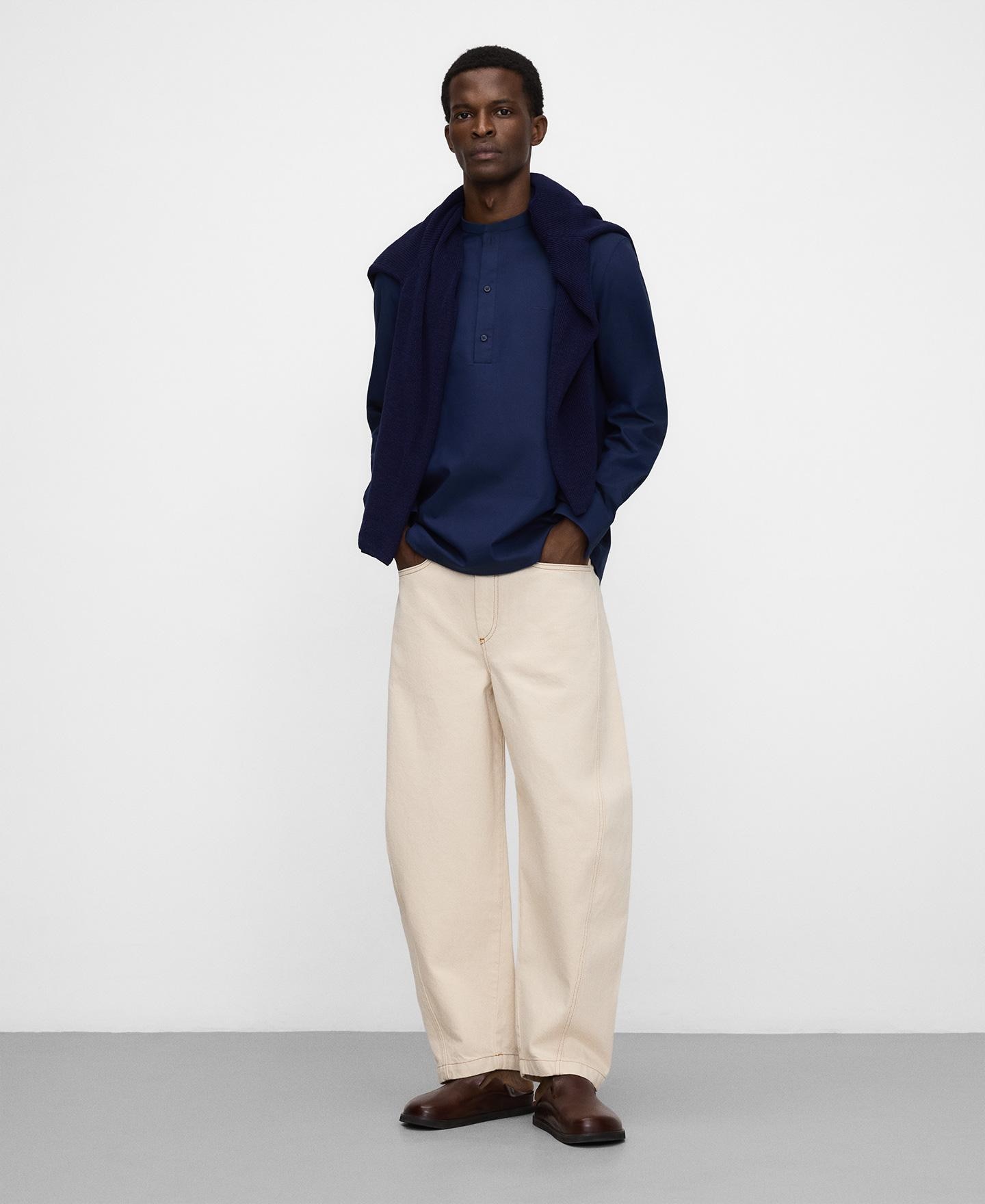 Camisa de Gola à Padre em Algodão Azul-marinho-2