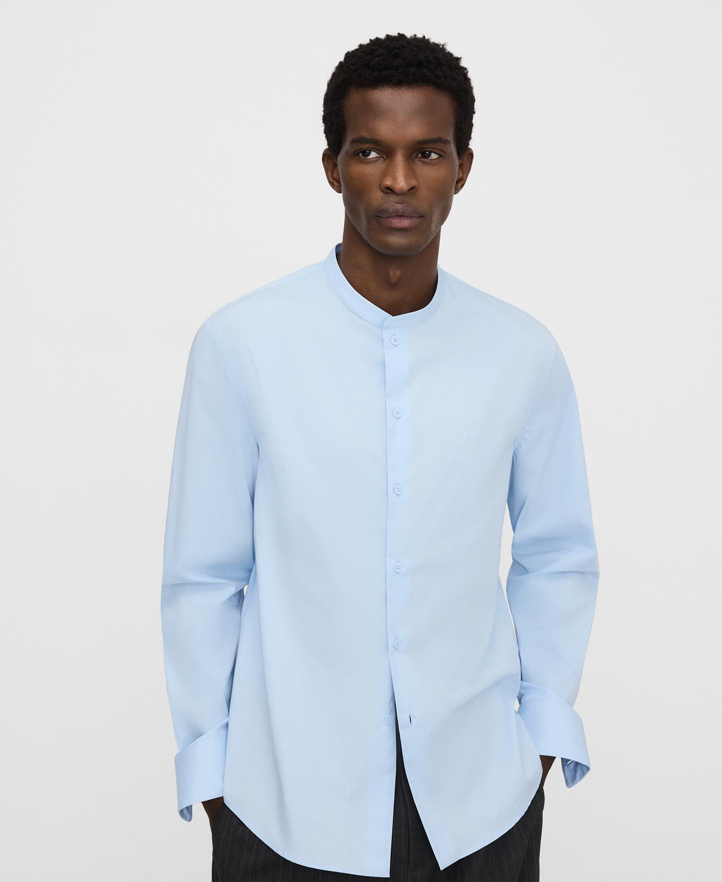 Camisa de Algodão com Gola À Padre Azul-claro-1