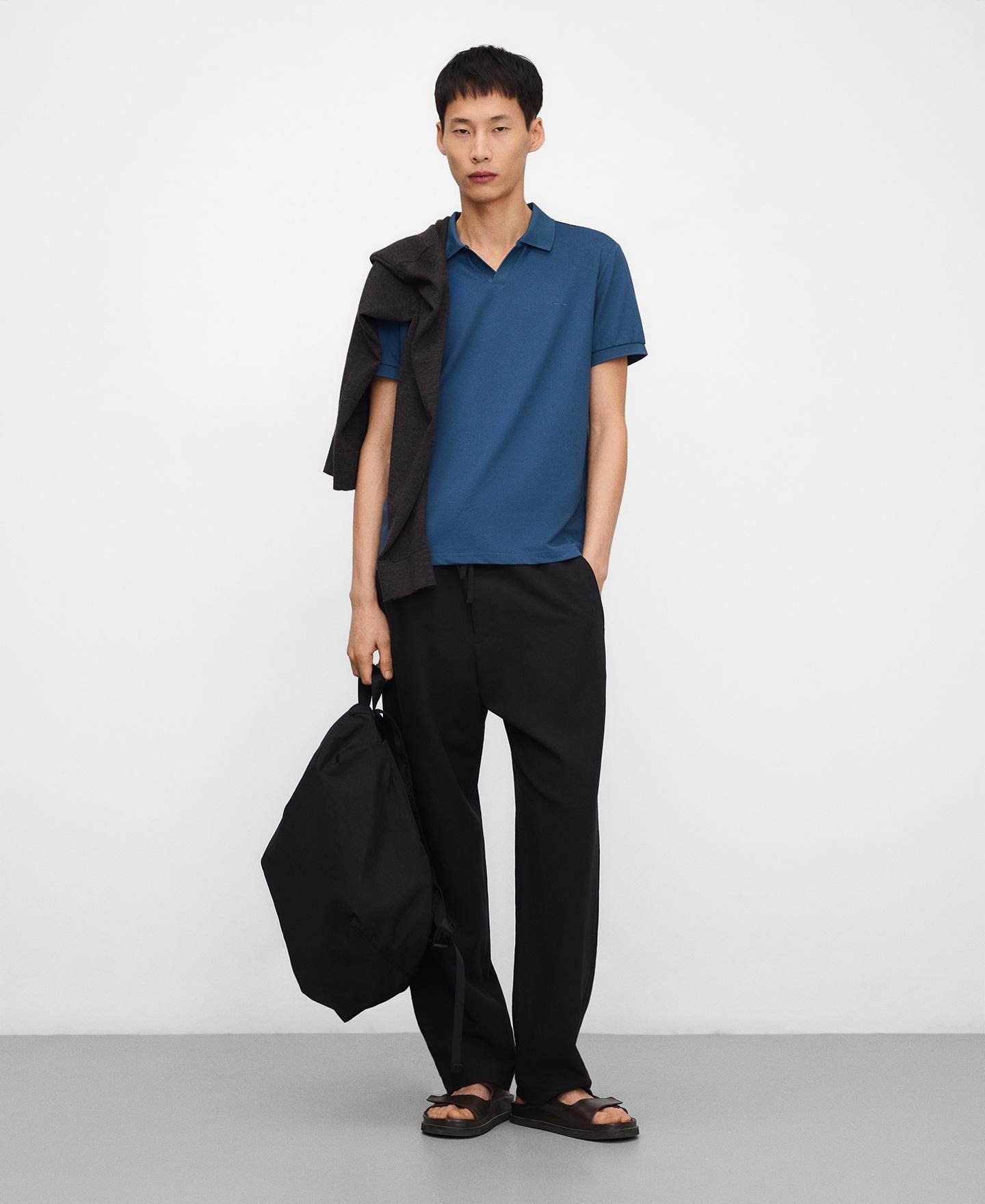 Polo de Manga Curta Regular Fit com Gola em V Azul denim-2
