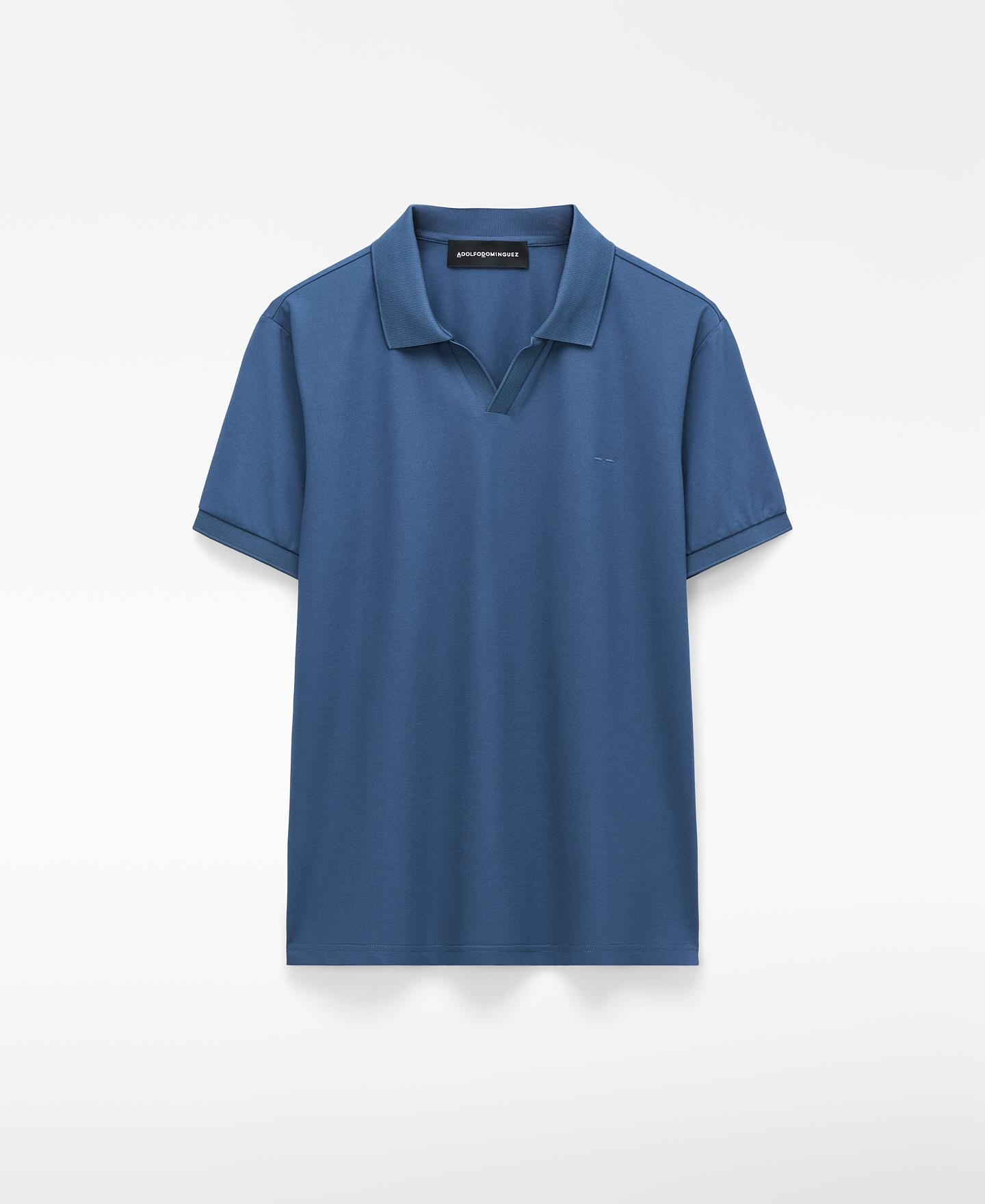 Polo de Manga Curta Regular Fit com Gola em V Azul denim-5