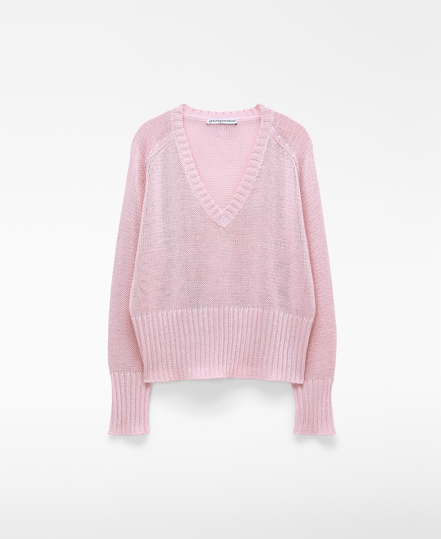 Camisola Curta de Malha com Gola em V Rosa-claro-6
